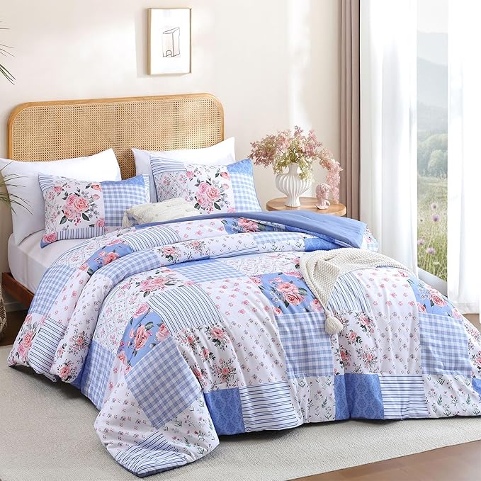 YIKUSH Queen Comforters Set Floral Comforter Bedding Set Blue Cozy Breathable - Image 2