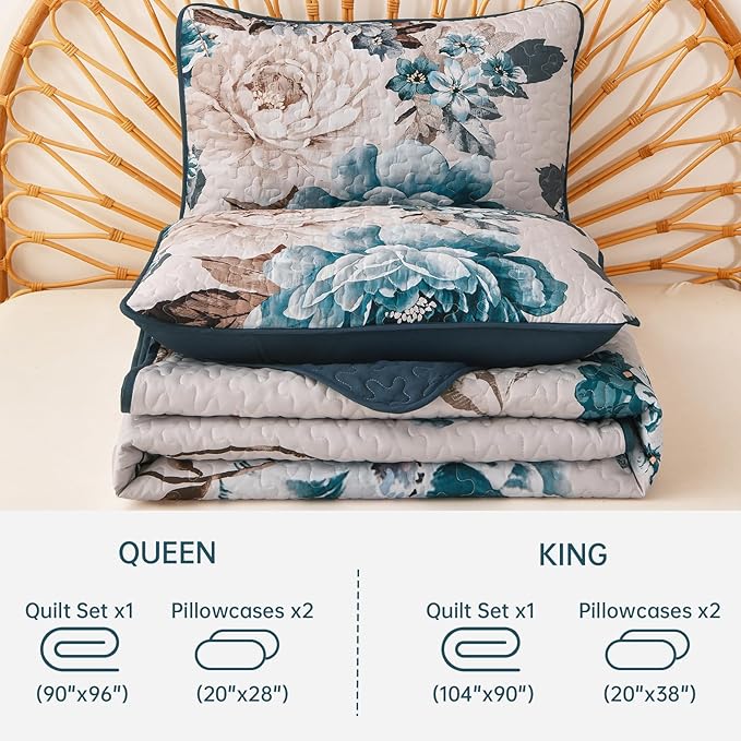 WONGS BEDDING Floral Quilt Set Aqua Queen, Quilted Printed Lightweight - Image 7