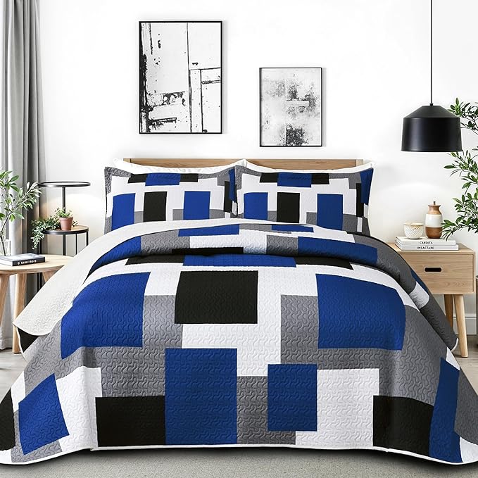 Tyrot 3 Piece Blue White Grey Quilt Set Full/Queen Size Black White Geometric by TyrotHomeDecor