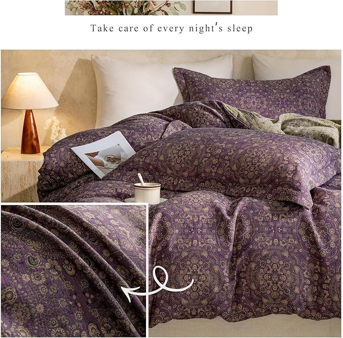 mixinni Purple Green Floral Duvet Cover Queen Size, Elegant Double-Layer Yarn - Image 8
