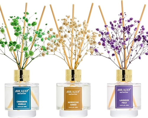 Airkeep Reed Diffuser Set of 3, Cinnamon Vanilla Lavender Field Moroccan Amber by Airkeep