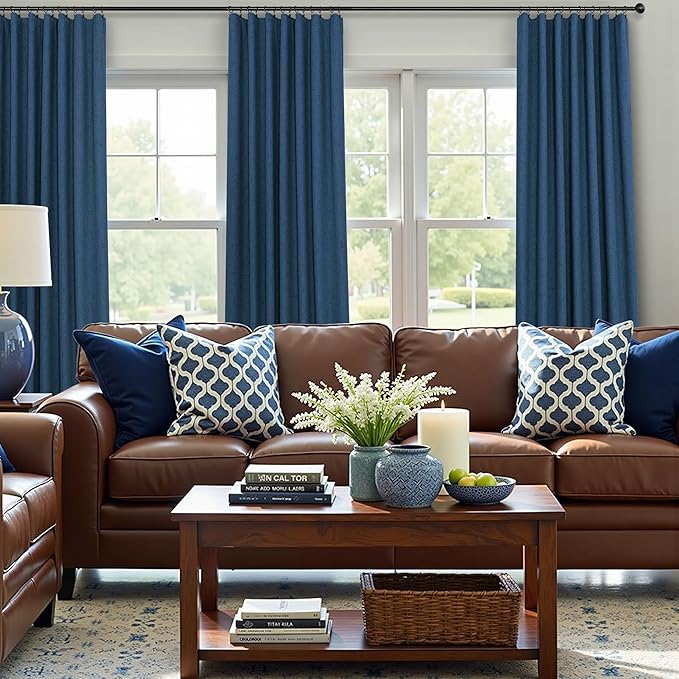 Navy Blue Linen Textured Curtains 90 Inches Long 2 Panels Set Modern Neutral - Image 2