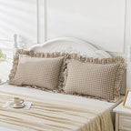 2 Pack Taupe White Plaid Gingham Ruffle Pillow Shams Standard Size 20x26 inches - Image 2