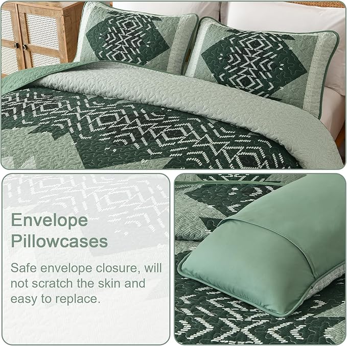 Dintszyayue Green Boho Quilt Set King Size, 3 Piece Aztec Texture Bedspread - Image 6