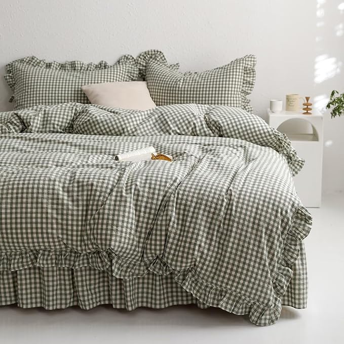 MKXI Sage Green Gingham Duvet Cover Full, 3-Piece Ruffled Bedding Set - Image 2