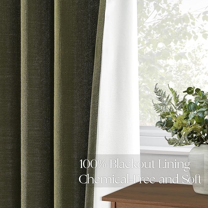 Topfinel Olive Green 102 Inches Long Custom Blackout Linen Curtains, Pinch - Image 5