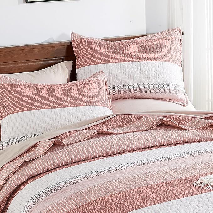 Andency Queen Quilt Bedding Set Blush Pink, 3 Pieces Patchwork Summer Striped - Image 9