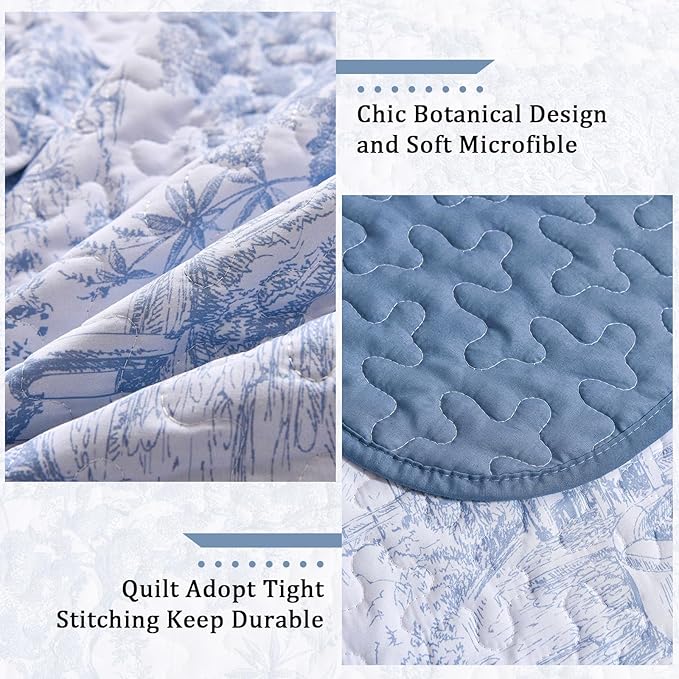 WONGS BEDDING Blue Quilt Set King Size, 3 Pieces Botanical Bedspreads Set - Image 5