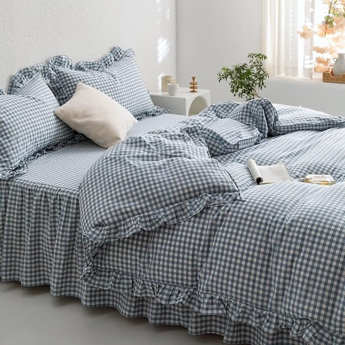 MKXI Blue and White Gingham Duvet Cover Full Size, 3-Piece Bedding Set - Image 3