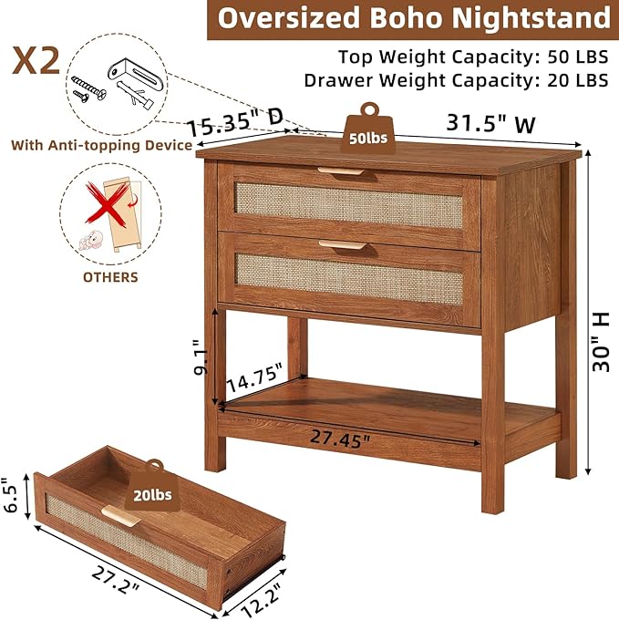 LEYAOYAO 31.5" Wide Rattan Night Stand, Large Boho Nightstand, Bedside Table - Image 2