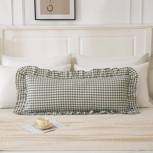 14x36 inches Sage Green Plaid Ruffle Lumbar Pillow Sham 1 Piece, Pure Cotton - Image 2