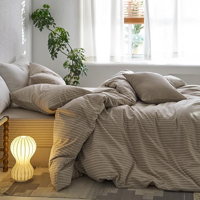 MooMee Striped Duvet Cover Set 100% Washed Cotton Linen Like Textured - Image 4