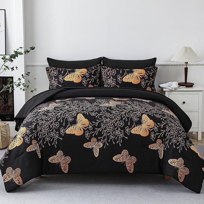 Yogeneg 7 Piece Bed in a Bag Queen Size Comforter Set Black Bedding Set by YOGENEG