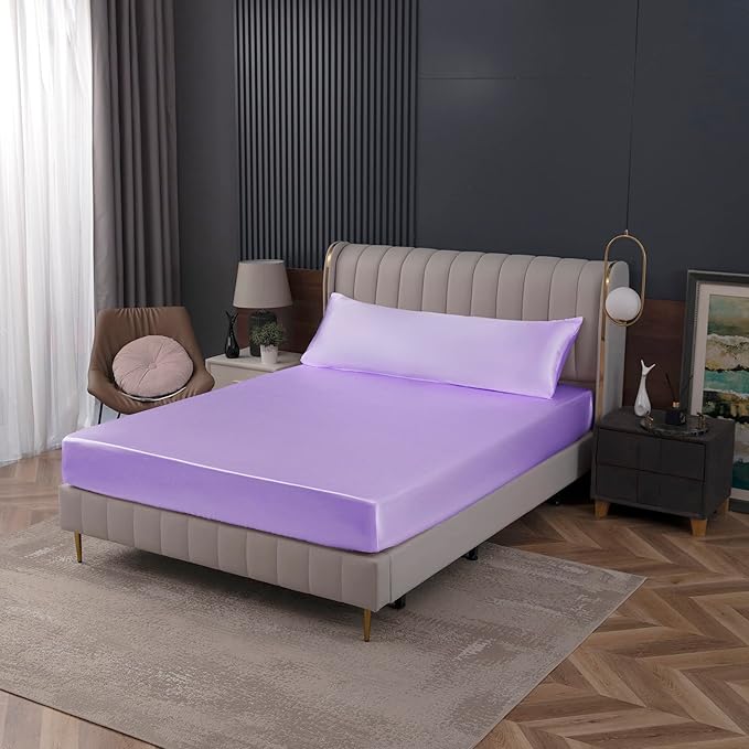 Homiest Lavender Satin Fitted Sheet Queen Size, Deep Pocket, Luxury & Ultra - Image 7