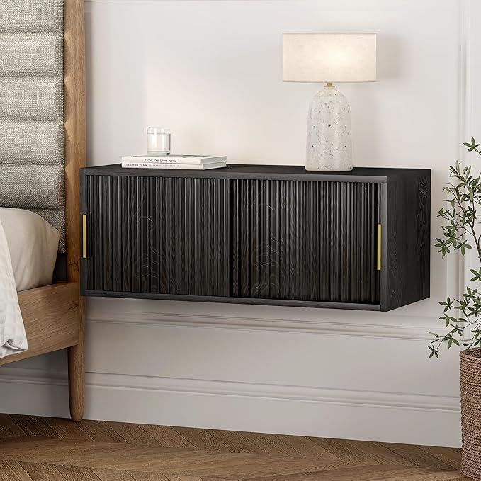 Floating Nightstand with Sliding Doors, Modern Large Night Stand Storage Shelf - Image 7