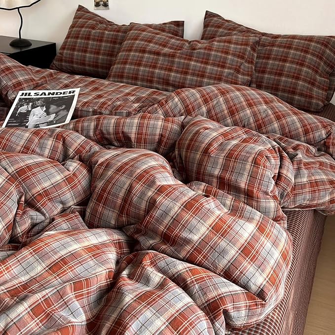 PinkMemory Caramel Blue Gingham Duvet Cover King 100% Washed Cotton Buffalo - Image 3