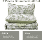 WONGS BEDDING Botanical Quilt Set Twin Size, Sage Green 3 Pieces Toile Floral - Image 6