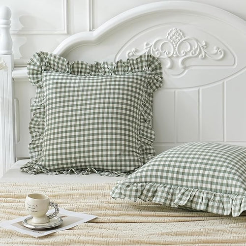 2 Pack Sage Green White Plaid Ruffle Euro Shams Pillow Covers 26x26 inches by Qilunn