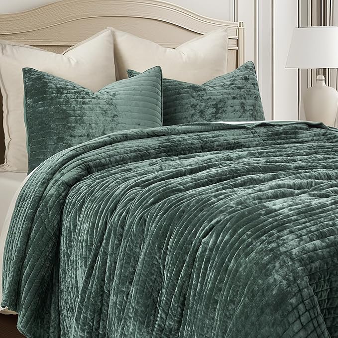 EVERGRACE Velvet Quilt Set Queen Size, Luxurious Soft Striped Channel Bedding - Image 7