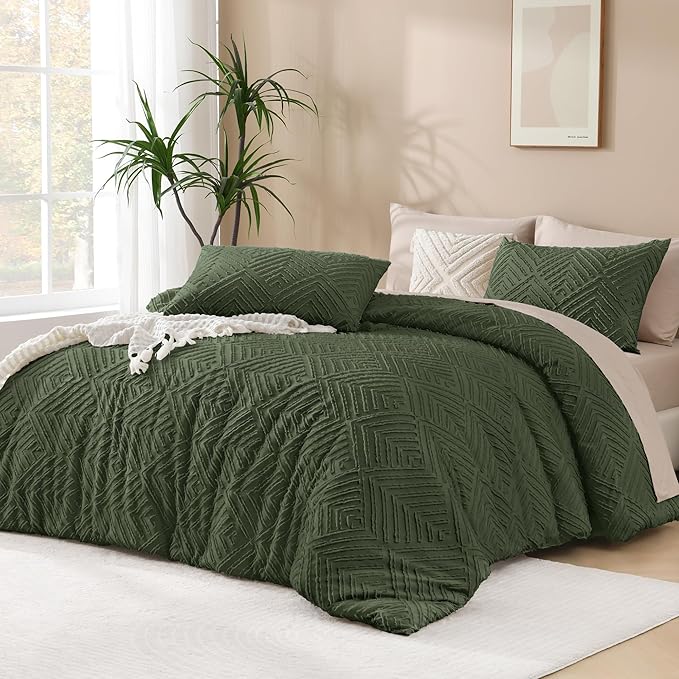 Andency Dark Olive Green Comforter Set King Size, 3 Pieces Boho Men Bedding Set by Andency