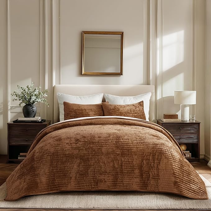 EVERGRACE Velvet Quilt Set King Size, Luxurious Soft Striped Channel Bedding Set by EverGrace