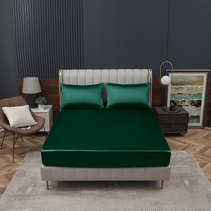 Homiest Blackish Green Satin Fitted Sheet King Size, Deep Pocket, Luxury & - Image 2