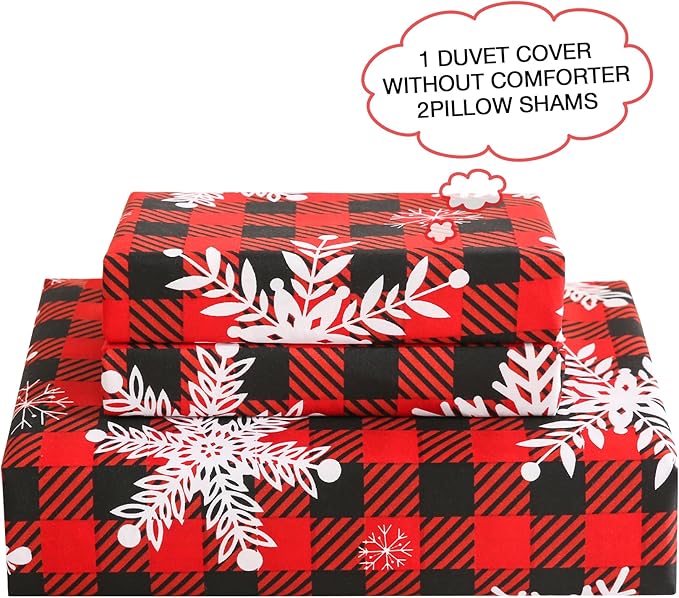 JSD Red Buffalo Plaid Snowflakes Duvet Cover Set Queen Size, 3 Piece Christmas - Image 3