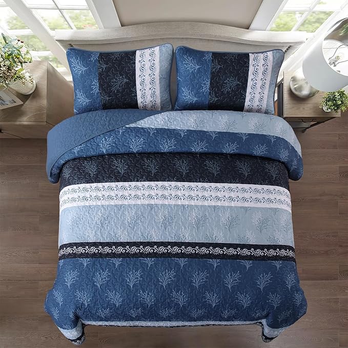 DJY Stripe Quilt Set Queen Size Blue Bedspread Coverlet Set 3 Pieces Boho - Image 3