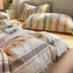 MKXI Washed Cotton Duvet Cover Set Retro Stripes in Autumn Palette 3-Piece - Image 6
