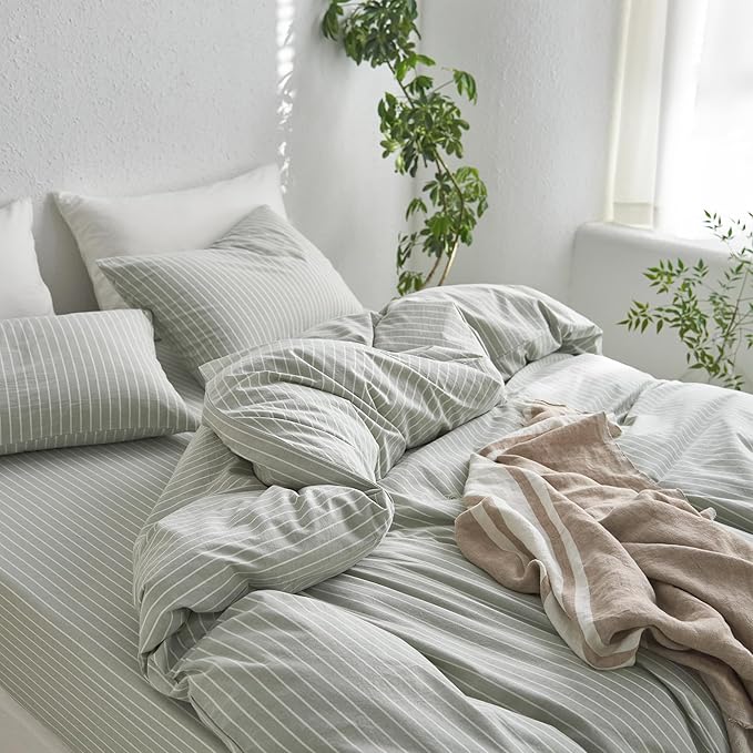 MooMee Striped Duvet Cover Set 100% Washed Cotton Linen Like Textured - Image 7