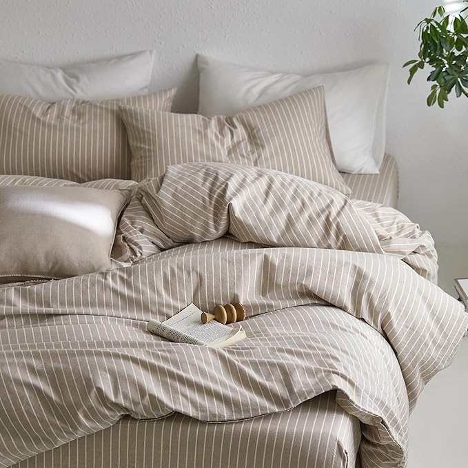 MooMee Striped Duvet Cover Set 100% Washed Cotton Linen Like Textured - Image 5