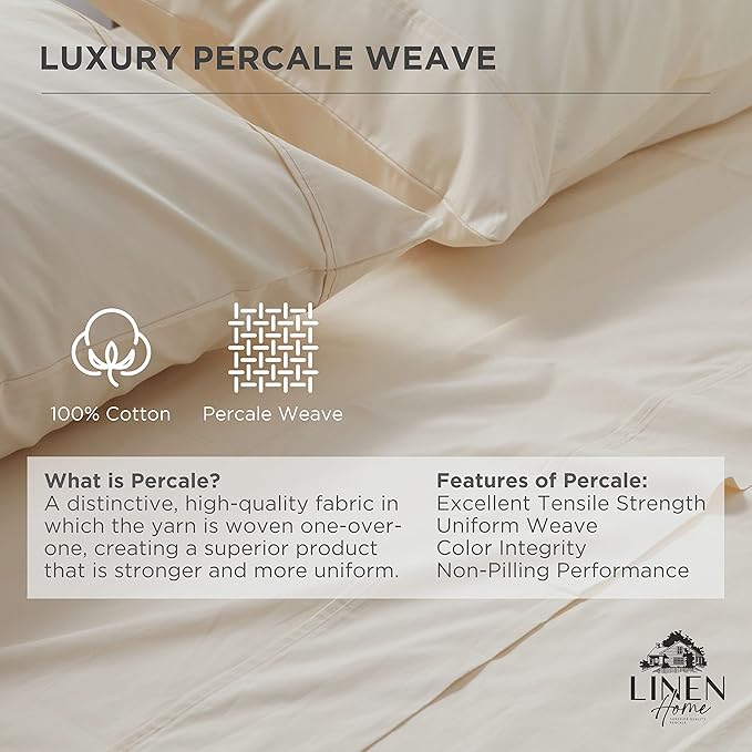 Linen Home 100% Cotton Percale Weave Fitted Sheet, Queen Size, 1 Deep Pocket - Image 2