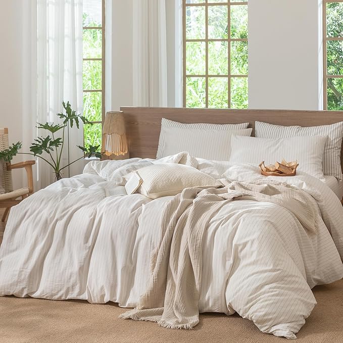 MooMee Striped Duvet Cover Set 100% Washed Cotton Linen Like Textured - Image 5
