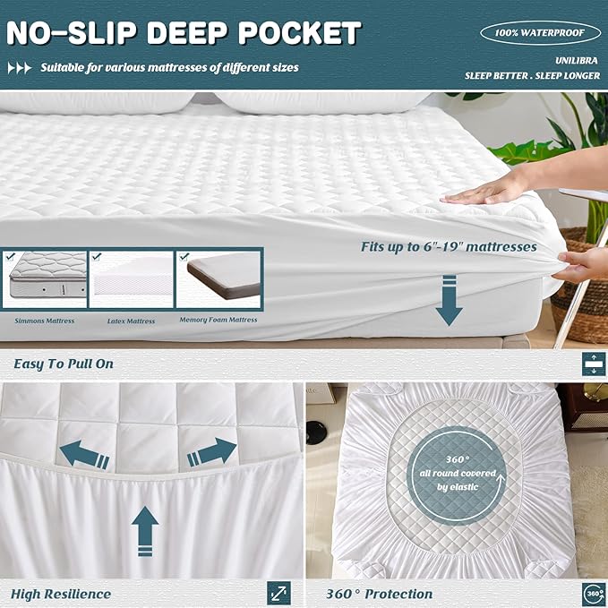 UNILIBRA Full XL Waterproof Mattress Pad Protector, 6-19 Inch Deep Pocket - Image 4