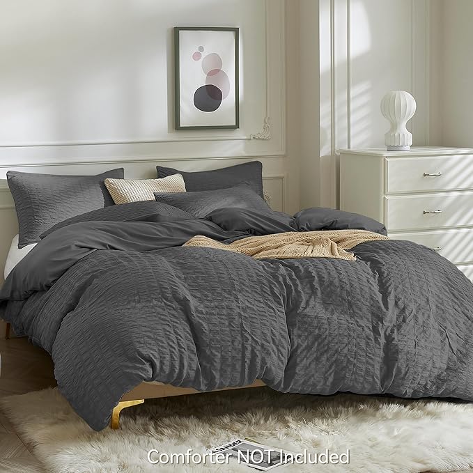 JELLYMONI Charcoal Grey Duvet Cover Full Size, Soft Breathable Seersucker Duvet - Image 3