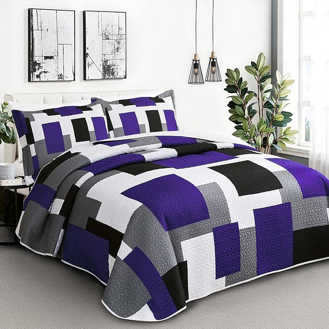 Tyrot 3 Piece Dark Purple Grey Quilt Set California King Size Black White - Image 2