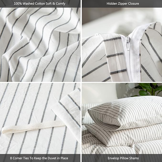 MooMee Striped Duvet Cover Set 100% Washed Cotton Linen Like Textured - Image 6