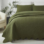 Brandream Olive Green Floral Vine Cotton Quilt Set King Size Luxury Scalloped - Image 2