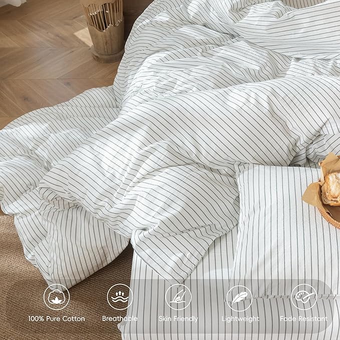 MooMee Striped Duvet Cover Set 100% Washed Cotton Linen Like Textured - Image 3