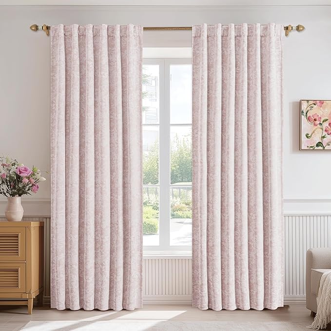 Beauoop Pink Floral Jacquard Blackout Curtains 72 Inches Long 2 Panels - Image 2