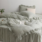 MKXI Sage Green Gingham Duvet Cover Queen, 3-Piece Ruffled Bedding Set by MKXI