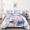 WONGS BEDDING Floral Quilt Set Blue Queen Size 3 Pieces Elegant Botanical Print by WONGSBEDDING