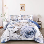 WONGS BEDDING Floral Quilt Set Blue Queen Size 3 Pieces Elegant Botanical Print by WONGSBEDDING