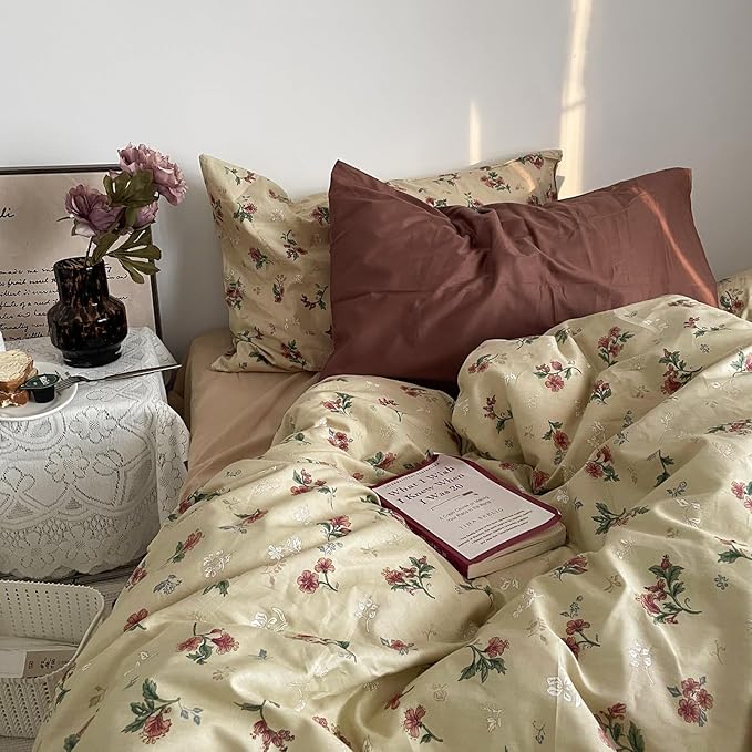 MKXI Yellowish Beige & Red Floral Duvet Cover Set King Size - Image 4