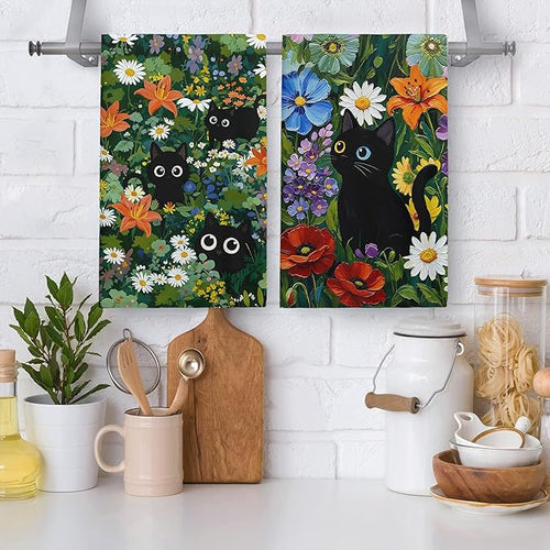 Accnicc 2 Pack Black Cat Bathroom Hand Towels Decorative Green Plant Daisy - Image 2