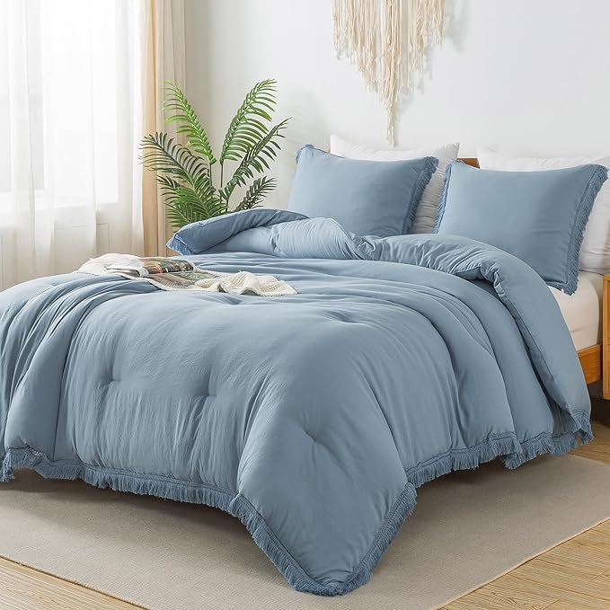 Andency Grayish Blue Comforter Set California King, 3 Pieces Boho Tassel by Andency