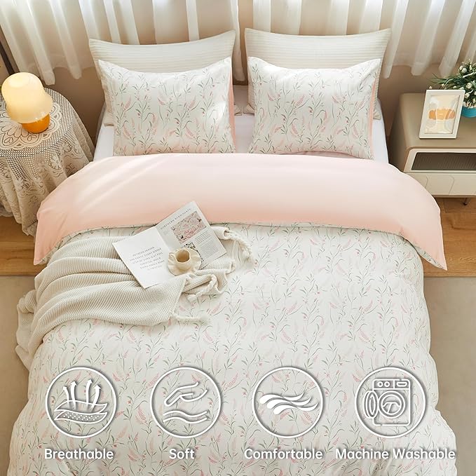 BOLINLIVING Pink Floral Duvet Cover Full Size, Reversible Botanical Spring - Image 3