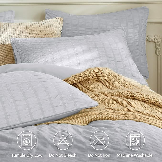 JELLYMONI Light Grey Duvet Cover Twin Size, Soft Breathable Seersucker Duvet - Image 4