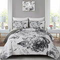 WONGS BEDDING Grey Boho Floral Quilt Set King, 3 Pieces Elegant Gray Flower by WONGSBEDDING