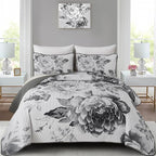 WONGS BEDDING Grey Boho Floral Quilt Set King, 3 Pieces Elegant Gray Flower by WONGSBEDDING